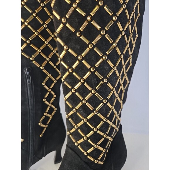 Stuart Weitzman New York Black Suede Knee High Boots-Gold Crosshatch Design Sz 7 - Picture 5 of 13